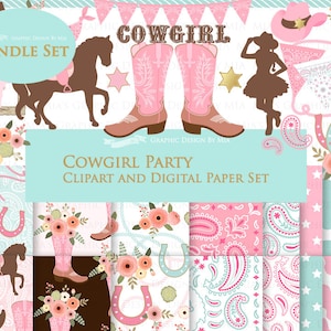 Cowgirl clipart, Cowgirl Digital Paper, Cowgirl Digital, Cowgirl Party, Cowgirl Boots, Cowboy Boots, Pink Clip Art + Digital Paper Set