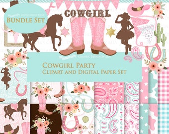 Cowgirl clipart, Cowgirl Digital Paper, Cowgirl Digital, Cowgirl Party, Cowgirl Boots, Cowboy Boots, Pink Clip Art + Digital Paper Set