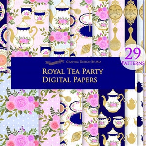 Tea, Tea Party, Tea Cup, Afternoon Tea, Tea, Rose, Royal Blue Digital Paper Pack - Instant Download - DP116