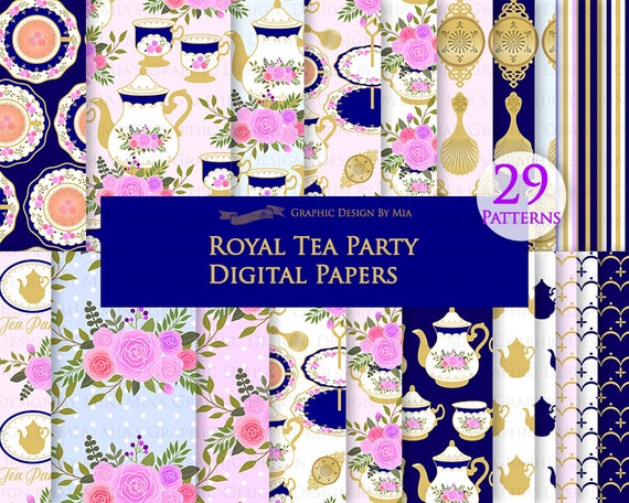 Tea, Tea Party, Tea Cup, Afternoon Tea, Tea, Rose, Royal Blue Digital Paper Pack - Instant Download - DP116 Il_570xn