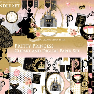 Princess, Princess Dress, Birthday Part, Princess Party, Royal, Black and Gold, Princess Clip Art + Digital Paper Bundle Set
