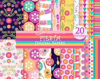 Fiesta, Sombrero, Mariachi Guitar, Mexican Hat, Wedding, Maracas, Mexican Party Digital Paper Pack - Instant Download - DP106