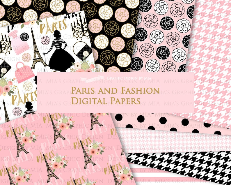 Paris, Fashion Digital Paper, Eiffel Tower, Monogram Bag, Quilted Handbag, Fashion Clip Art Digital Paper Set Instant Download image 8