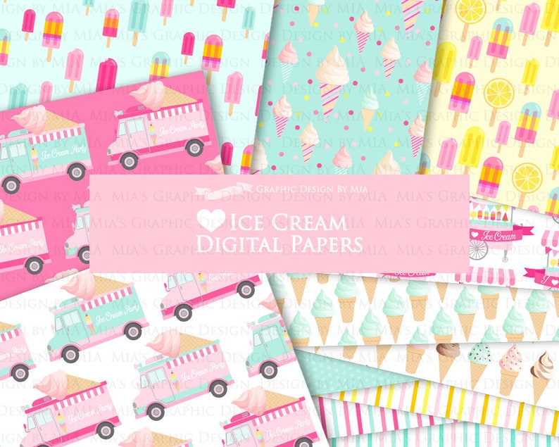 Ice Cream, Ice Cream Truck, Ice Cream Party, Popsicle, Ice Cream Cart, Ice Cream Cone Digital Paper Pack Instant Download DP207 image 4