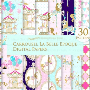 Carousel, Merry Go Round, Flat Gold, Carousel Digital, Paris, Carrousel La Belle Epoque Digital Paper Pack - Instant Download - DP163