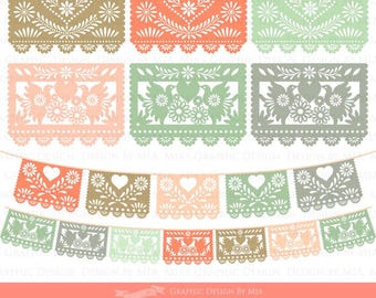 Heart and Bird Peach and Green 6 Colors Papel Picado / Fiesta Bunting / Colorful FIESTA Papel Picado Clip Art - Instant  Download - CA074