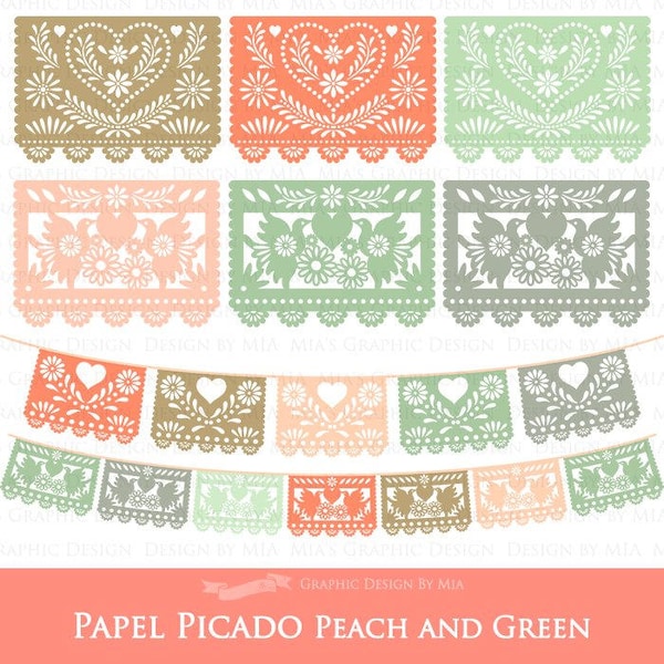 Heart and Bird Peach and Green 6 Colors Papel Picado / Fiesta Bunting / Colorful FIESTA Papel Picado Clip Art - Instant  Download - CA074