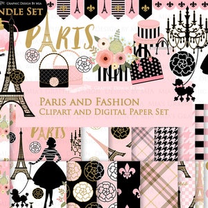 Paris, Fashion Digital Paper, Eiffel Tower, Monogram Bag, Quilted Handbag, Fashion Clip Art + Digital Paper Set - Instant Download