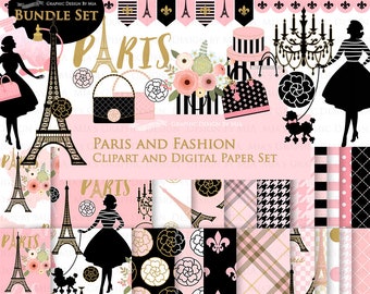 Paris, Fashion Digital Paper, Eiffel Tower, Monogram Bag, Quilted Handbag, Fashion Clip Art + Digital Paper Set - Instant Download