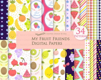 Fruits, Fruit, Kawaii Fruits, Fruit Friends, Pineapple, Watermelon, Lemon, Orange, Apple Digital Paper Pack - Instant  Download - DP088