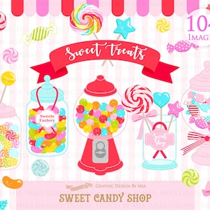 May include: A set of 104 digital images featuring a variety of colorful candy and sweets, including lollipops, gum balls, jelly beans, and candy jars. The images are perfect for creating party invitations, scrapbook pages, or other craft projects. The text "Sweet Treats" is featured on a red banner.