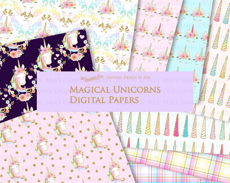 Magical Unicorns, Unicorn Horns, Unicorn faces, Unicorn heads, Gold Glitter Unicorns, Einhorn, Unicorn Clip Art Digital Paper Set image 9