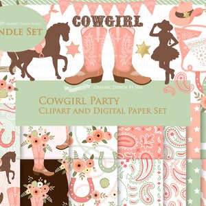 Cowgirl clipart, Cowgirl Digital Paper, Cowgirl Digital, Cowgirl Party, Cowgirl Boots, Cowboy Boots, Peach Clip Art + Digital Paper Set