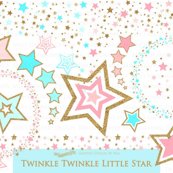 Pink Light Blue Gold Stars, Gold Glitter, Star Digital, Twinkle Twinkle Little Star, Stars Clip Art - Instant Download - CA203
