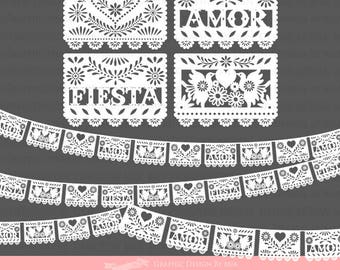 White Papel Picado / Papel Picado / Fiesta Bunting / Bunting Clip Art - Instant  Download - CA072