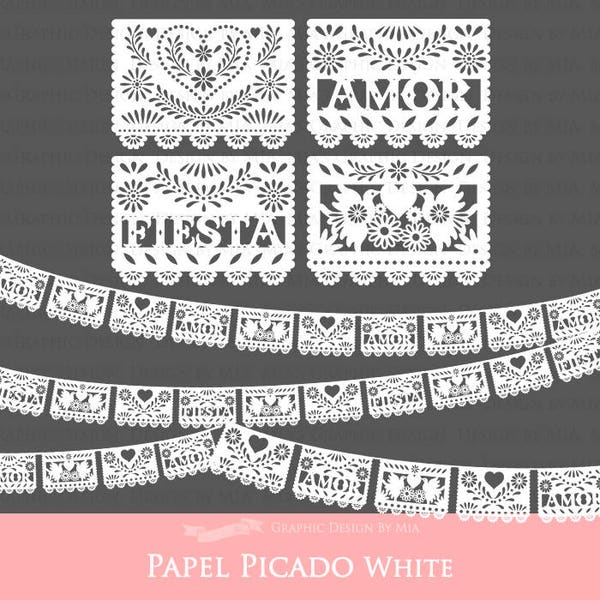 White Papel Picado / Papel Picado / Fiesta Bunting / Bunting Clip Art - Instant  Download - CA072