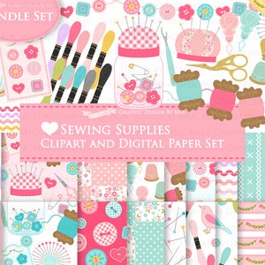 Sewing, Love Sewing Supplies, Sewing Notions, Sewing Clip Art + Digital Paper Set  - Instant Download