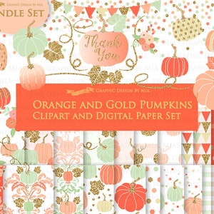 Orange and Gold Pumpkins, Pumpkin, Orange Pumpkin, Gold Pumpkin, Pumpkin Digital, Pumpkin Clip Art Digital Paper Set image 1