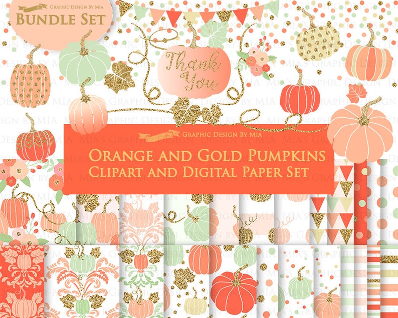 Orange and Gold Pumpkins, Pumpkin, Orange Pumpkin, Gold Pumpkin, Pumpkin Digital, Pumpkin Clip Art Digital Paper Set image 1