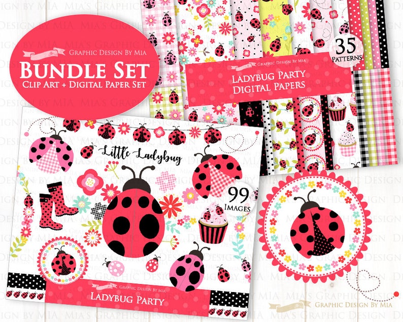 Ladybug, Ladybug Graphic, Ladybug Images, Ladybug Party, Ladybug Digital Clip Art Digital Paper Set Instant Download image 2