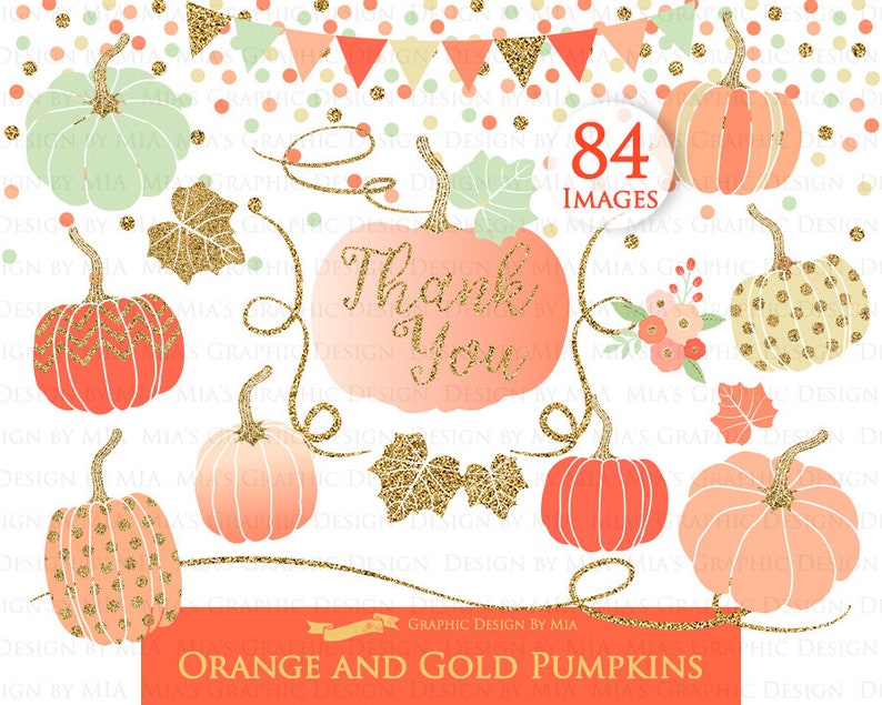 Orange and Gold Pumpkins, Pumpkin, Orange Pumpkin, Gold Pumpkin, Pumpkin Digital, Pumpkin Clip Art Instant Download CA194 image 1