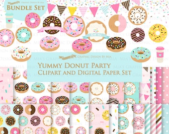 Donut, Yummy Donut Party, Doughnut, Donut Sprinkle Clip Art + Digital Paper Set - Instant Download