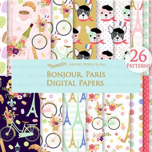 Paris, Parisian, Bonjour Paris, Eiffel Tower, Bicycle, Flower, French Dog, Paris Gas Light Digital Paper Pack - Instant Download -DP203