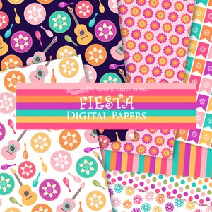 Puede incluir: Un conjunto de 10 papeles digitales con coloridos patrones de tem&aacute;tica de fiesta. Los patrones incluyen guitarras, maracas, flores y dise&ntilde;os geom&eacute;tricos en rosa, naranja, amarillo, verde, azul y morado.