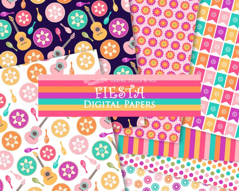 Puede incluir: Un conjunto de 10 papeles digitales con coloridos patrones de tem&aacute;tica de fiesta. Los patrones incluyen guitarras, maracas, flores y dise&ntilde;os geom&eacute;tricos en rosa, naranja, amarillo, verde, azul y morado.