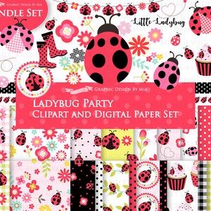 Ladybug, Ladybug Graphic, Ladybug Images, Ladybug Party, Ladybug Digital Clip Art + Digital Paper Set - Instant Download