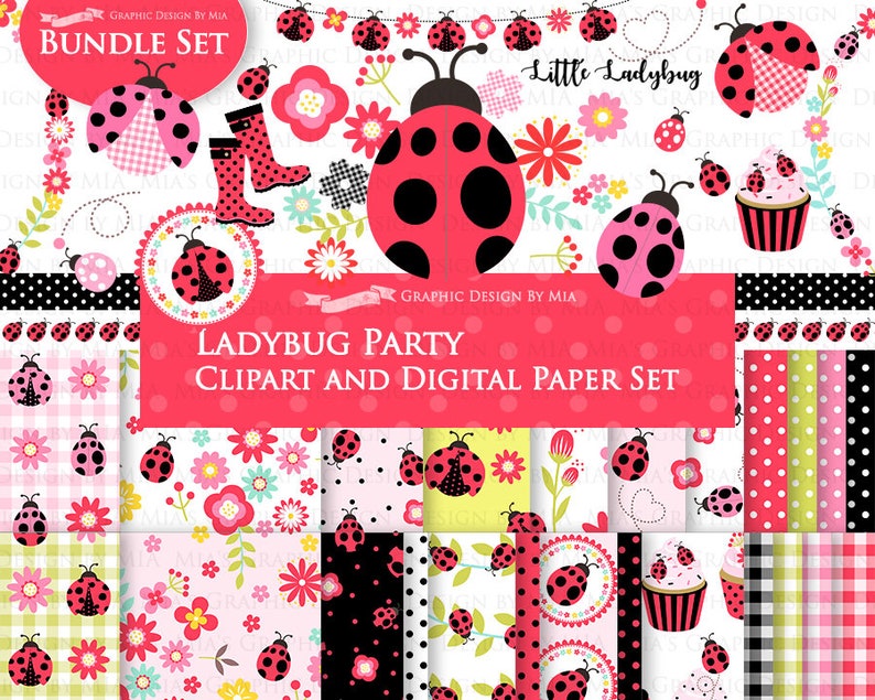 Ladybug, Ladybug Graphic, Ladybug Images, Ladybug Party, Ladybug Digital Clip Art Digital Paper Set Instant Download image 1