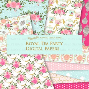 Tea, Tea Party, Tea Cup, Afternoon Tea, Rose, Pink & Mint Tea Clip Art Digital Paper Set Instant Download image 9