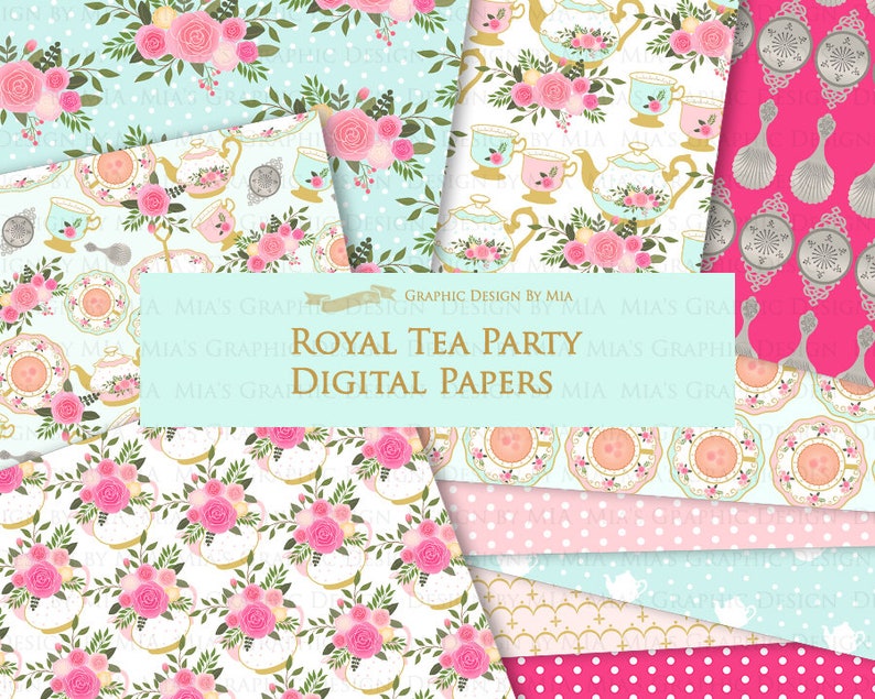 Tea, Tea Party, Tea Cup, Afternoon Tea, Rose, Pink & Mint Tea Clip Art Digital Paper Set Instant Download image 9