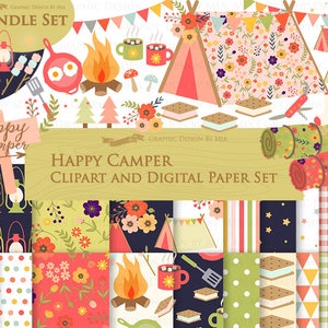 Happy Camper, Camping, Red & Green Clip Art + Digital Paper Set - Instant Download