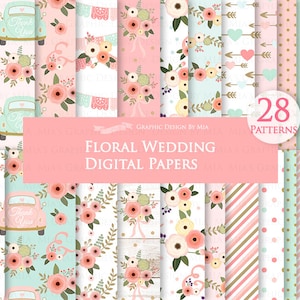 Floral Wedding, Pink Flower, Pink Wedding Car, Wedding, Save the Date, Flower Digital Paper Pack - Instant Download - DP154