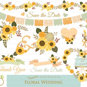 Floral Wedding, Sunflower, Yellow, Peach, Mint, Wedding Car, Wedding, Save the Date, Flower Clip Art - Instant Download - CA171