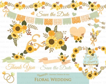 Floral Wedding, Sunflower, Yellow, Peach, Mint, Wedding Car, Wedding, Save the Date, Flower Clip Art - Instant Download - CA171