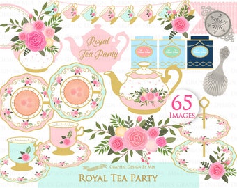 Tea, Tea Party, Tea Cup, Afternoon Tea, Rose, Pink & Mint Tea Clip Art - Instant Download - CA199
