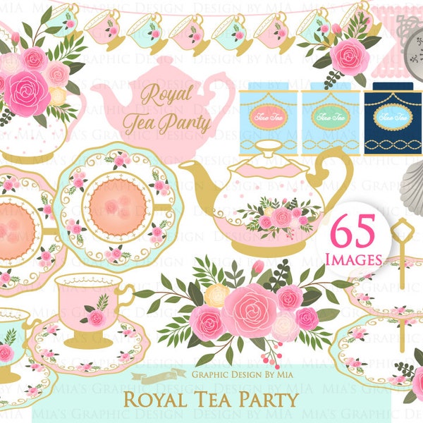 Tea, Tea Party, Tea Cup, Afternoon Tea, Rose, Pink & Mint Tea Clip Art - Instant Download - CA199