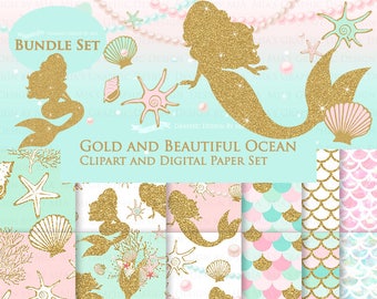 Gold Mermaid Clip Art + Digital Paper Set, Mermaid Digital, Seashell Clip Art + Digital Paper Set