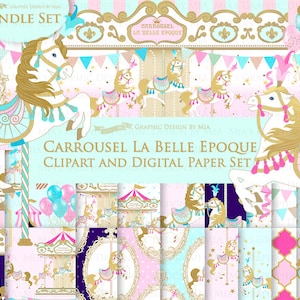 Carousel, Merry Go Round, Flat Gold, Carousel Digital, Paris, Carrousel La Belle Epoque Clip Art + Digital Paper Set - Instant Download