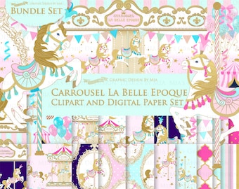 Carousel, Merry Go Round, Flat Gold, Carousel Digital, Paris, Carrousel La Belle Epoque Clip Art + Digital Paper Set - Instant Download