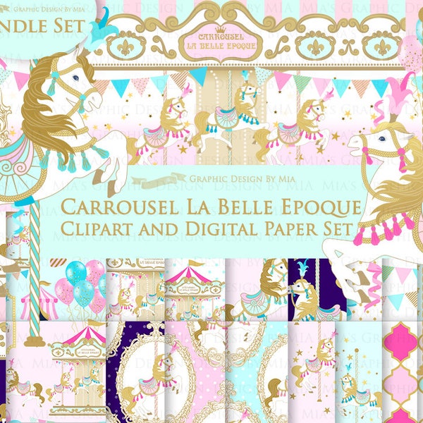 Carousel, Merry Go Round, Flat Gold, Carousel Digital, Paris, Carrousel La Belle Epoque Clip Art + Digital Paper Set - Instant Download