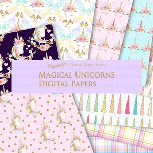Magical Unicorns, Unicorn Horns, Unicorn faces, Unicorn heads, Gold Glitter Unicorns, Einhorn, Unicorn Digital Paper Pack DP186 image 3