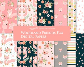 Fox Digital Paper, Pink Fox, Woodland Friends, Fox Digital, Fox Digital Paper Pack - Instant Download - DP175