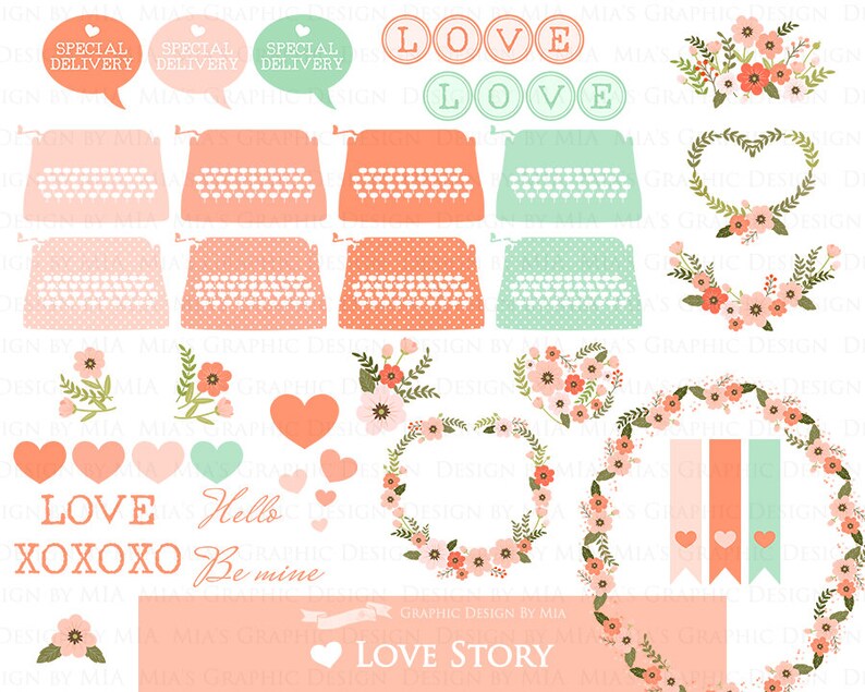 Heart Clip Art Love CA114 Valentine Day Instant Download Flower Peach and Green Typewriter Love Letter Love Story