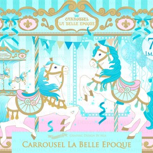 Carousel, Merry Go Round, Blue, Carousel Digital, Paris, Carrousel La Belle Epoque Clip Art - Instant Download - CA153