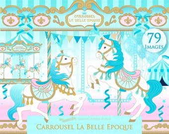 Carousel, Merry Go Round, Blue, Carousel Digital, Paris, Carrousel La Belle Epoque Clip Art - Instant Download - CA153