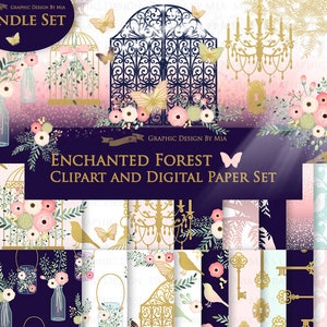 Enchanted Forest, Tree, Butterfly, Antique Bird Cage, Chandelier Clip Art + Digital Paper Set - Instant Download
