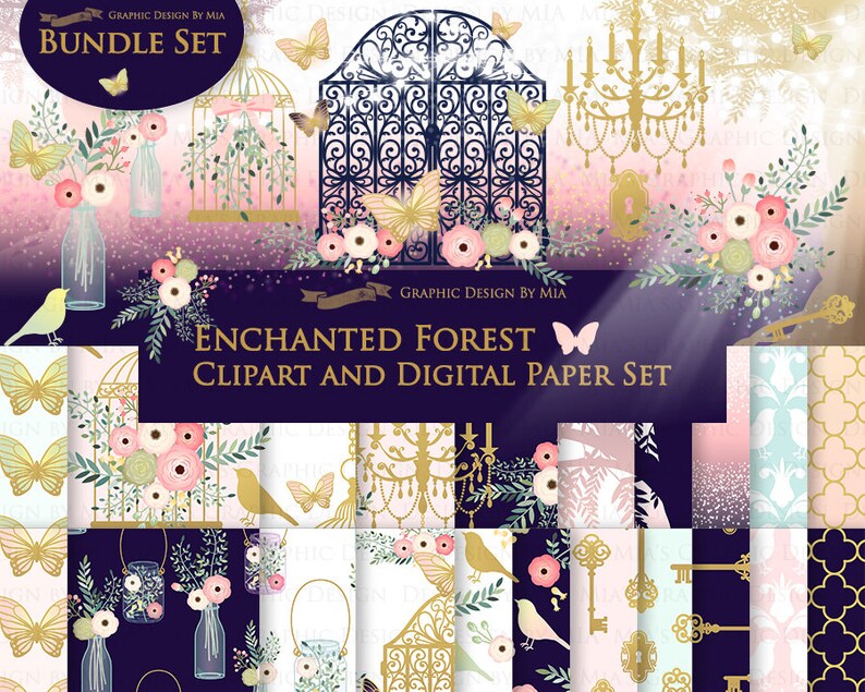 Pu&ograve; includere: Un set di carta digitale e clipart con tema foresta incantata. Il set include immagini di un cancello dorato, una gabbia per uccelli, farfalle, chiavi, fiori e un lampadario. Lo sfondo &egrave; un gradiente morbido rosa e blu con una texture scintillante.